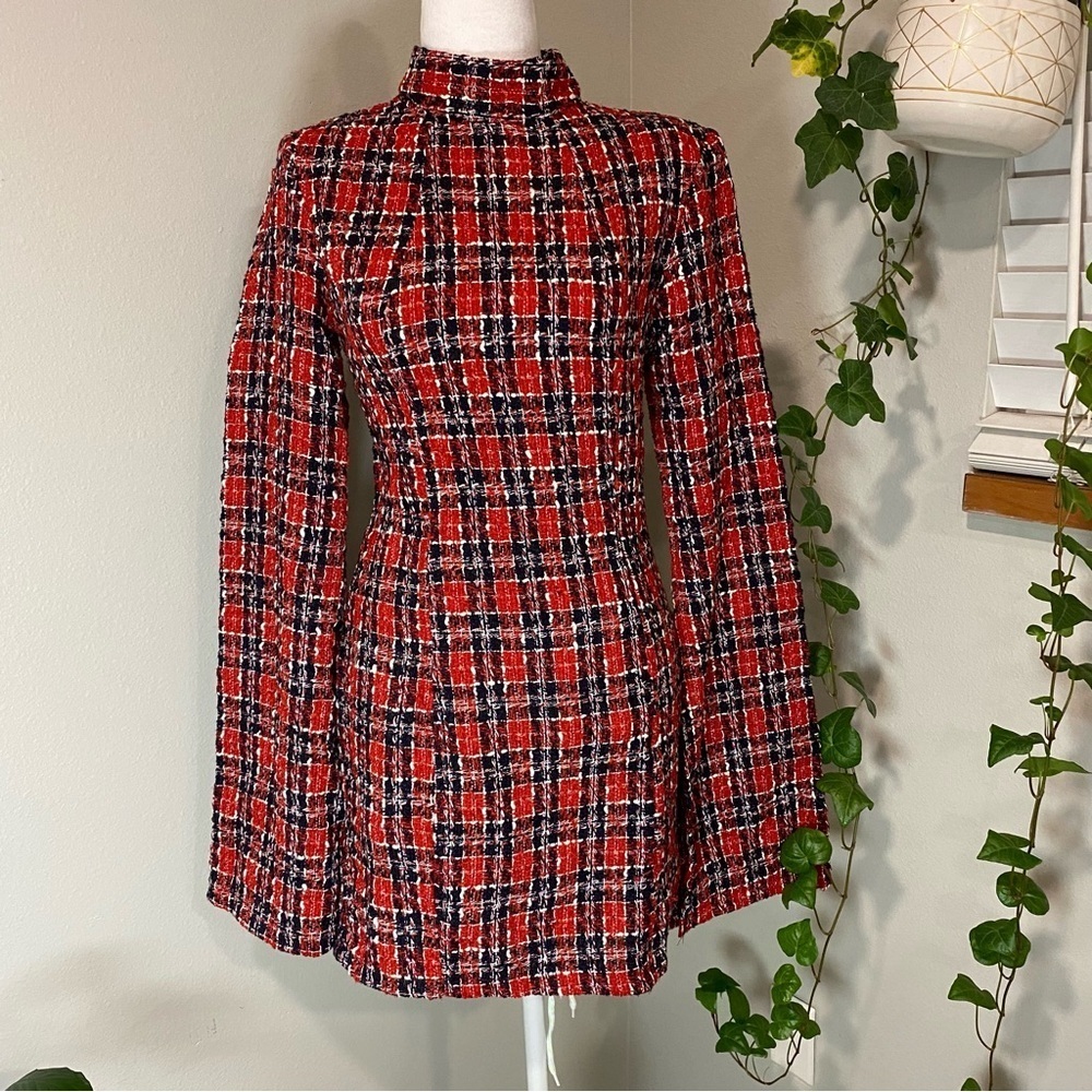 GLAMAKER‎ PLAID BACKLESS SPLIT SLEEVE TWEED BODYCON DRESS size SMALL - Picture 3 of 14